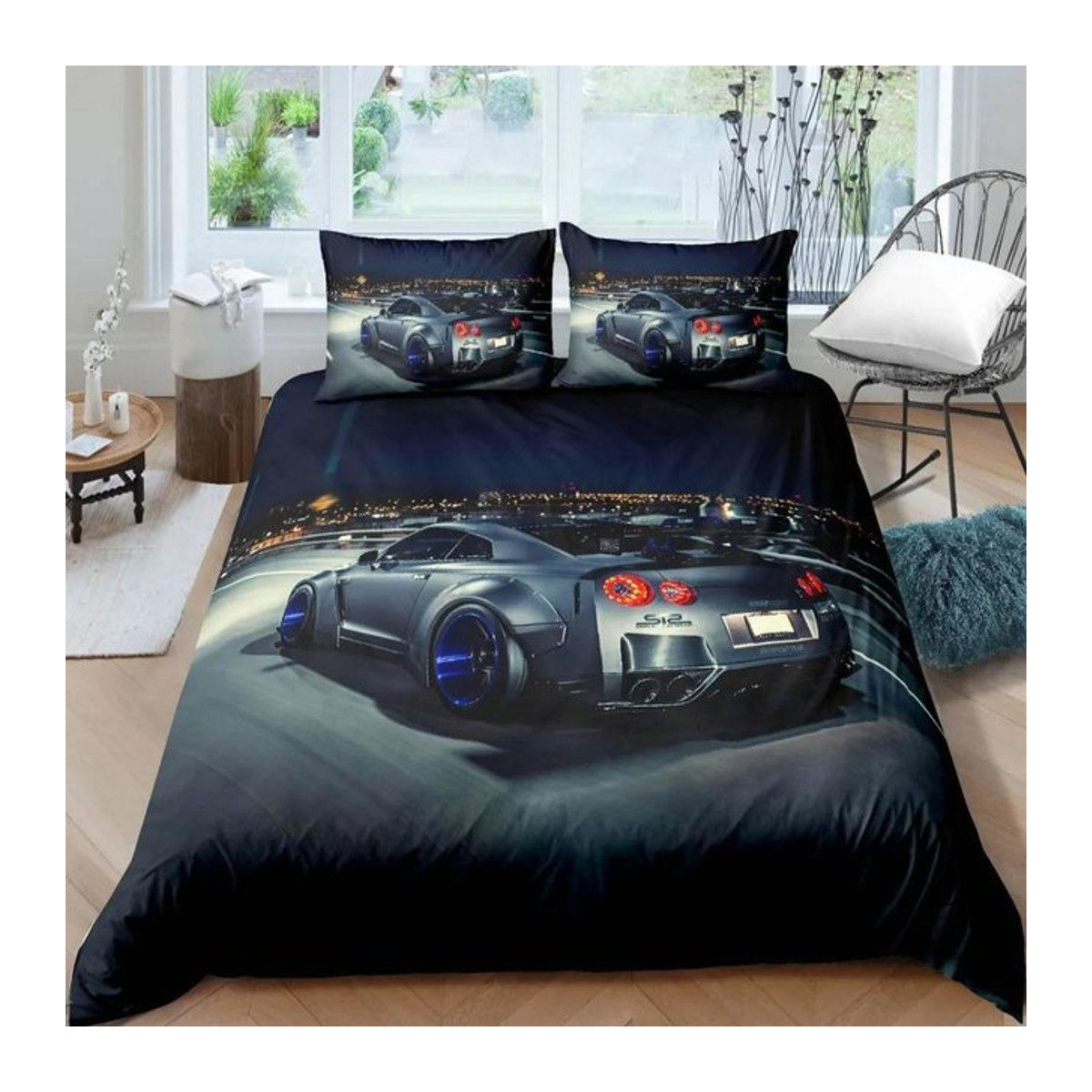 Sportwagen Bettwäsche Set mit Rennrad Motiv in Schwarz Weiß, Polyester Bettbezug und Kissenbezug für Jugendliche, B/H: 135 x 200 cm - Bild 1