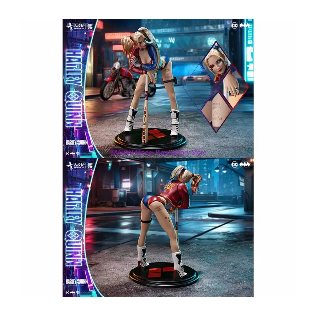 Spot Goods Harriet Quinn Der Clown Raptor Squad Kriegerin Figur in Schwarz und Mehrfarbig als Komplettset mit Auto und Motorrad - Bild 1