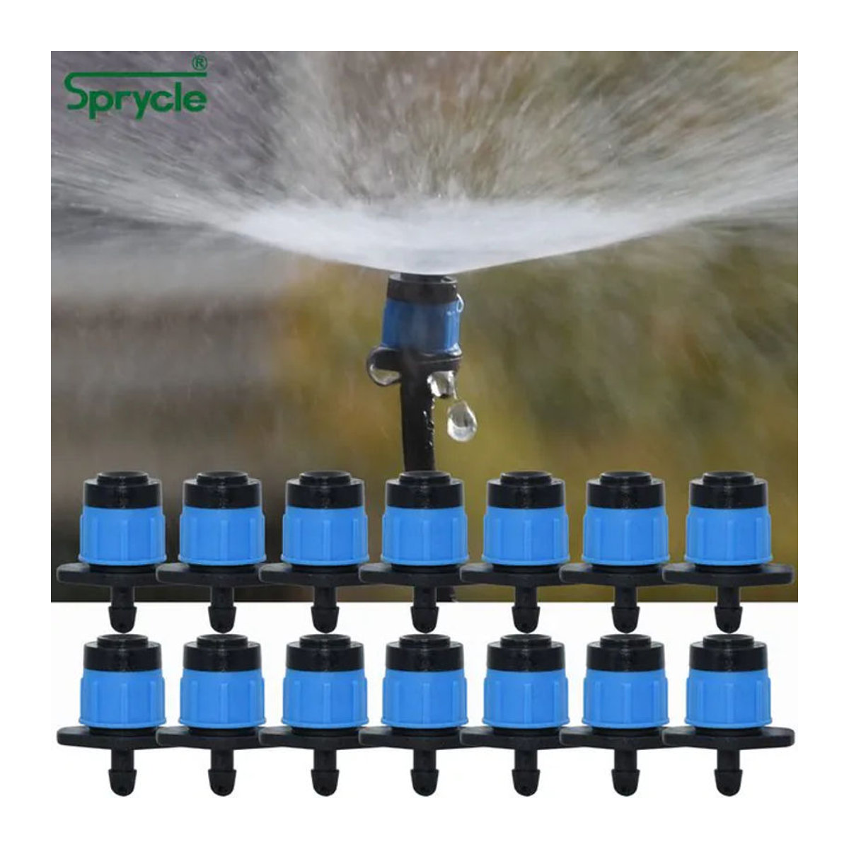 SPRYCLE Mikro-Bewässerungssprinkler Set, 20 Stück, 360 Grad drehbare Düsen in Blau, für Blumengarten und Gewächshaus, passend für 4/7 mm Schläuche - Bild 1