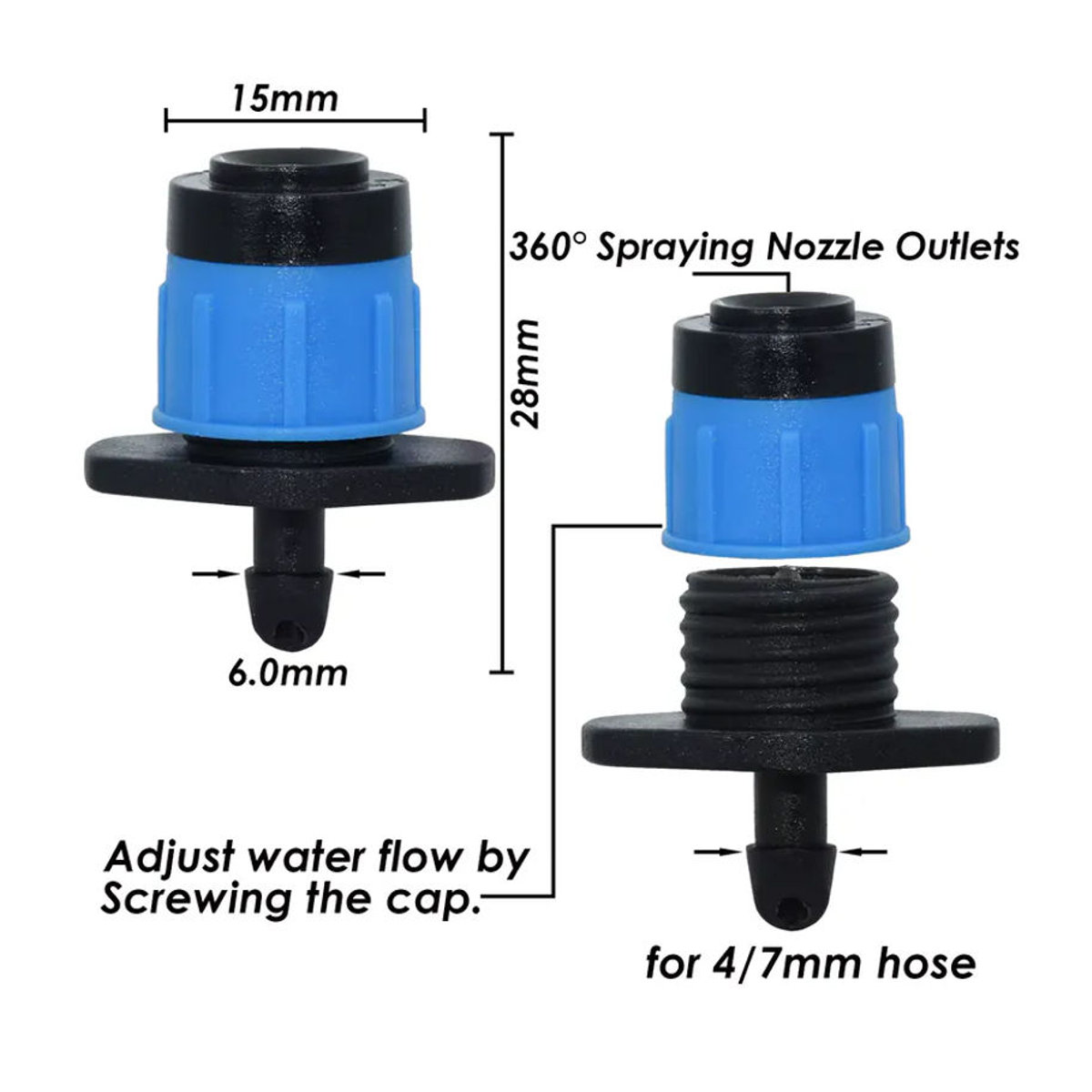 SPRYCLE Mikro-Bewässerungssprinkler Set, 20 Stück, 360 Grad drehbare Düsen in Blau, für Blumengarten und Gewächshaus, passend für 4/7 mm Schläuche - Bild 4