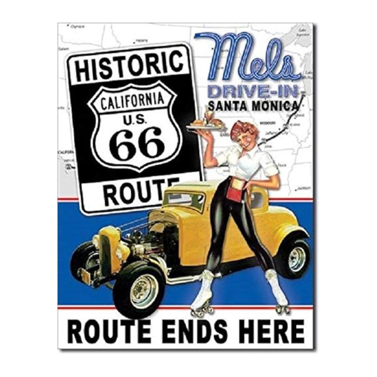 SRongmao Mels Diner Drive in Route 66 Vintage Wanddekoration Metallblechschild mit Hot Rod Motiv in Mehrfarbig - Bild 1