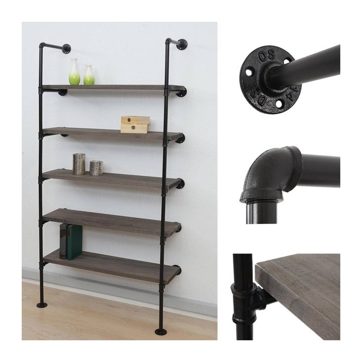 Standregal MCW Bücherregal im Industrial Design aus Holz und Metall, grau-braun, H: 165 cm, B: 80 cm, T: 28 cm - Bild 1