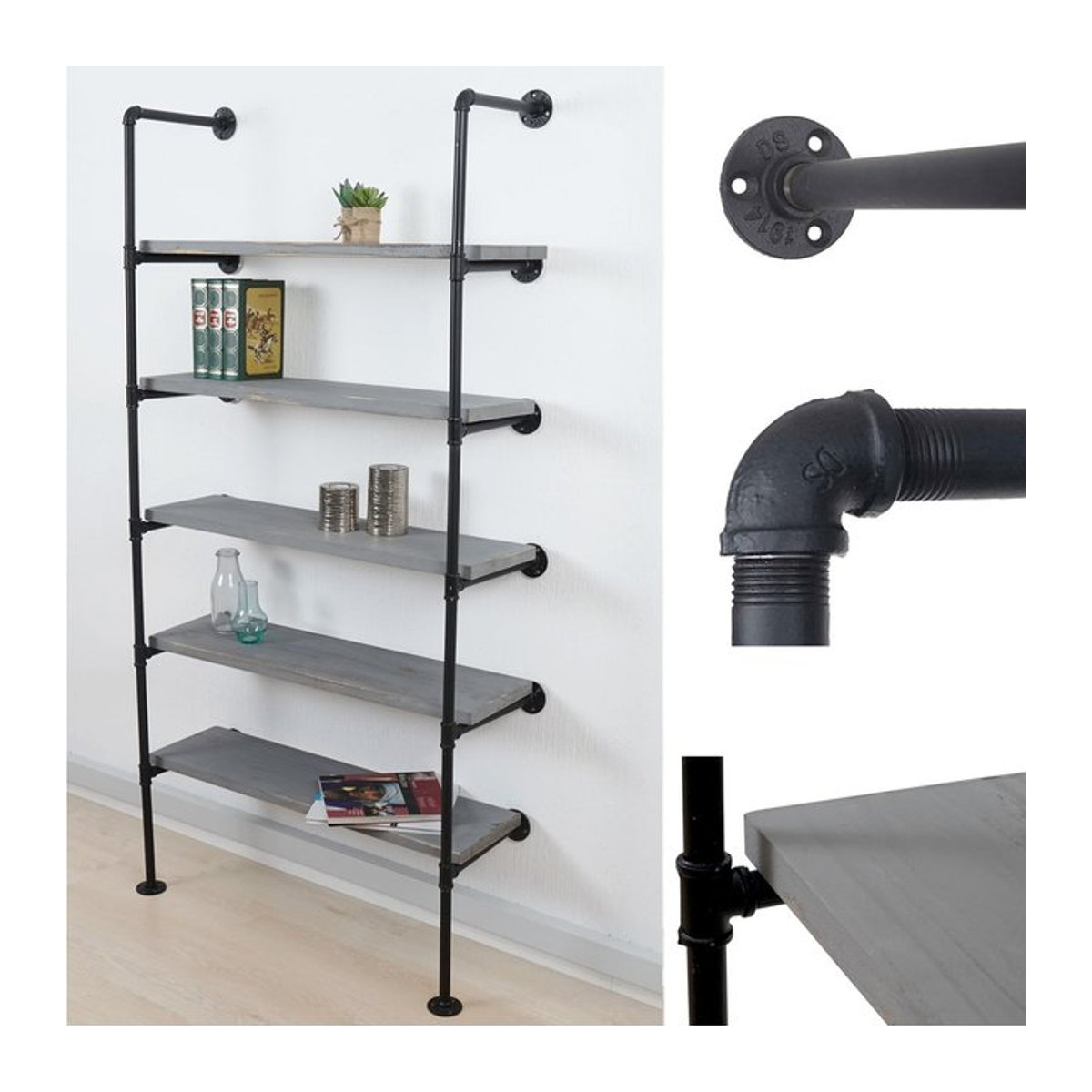 Standregal MCW Bücherregal im Industrial Design aus Holz und Metall, Grau, H: 165 cm, B: 80 cm, T: 28 cm - Bild 1