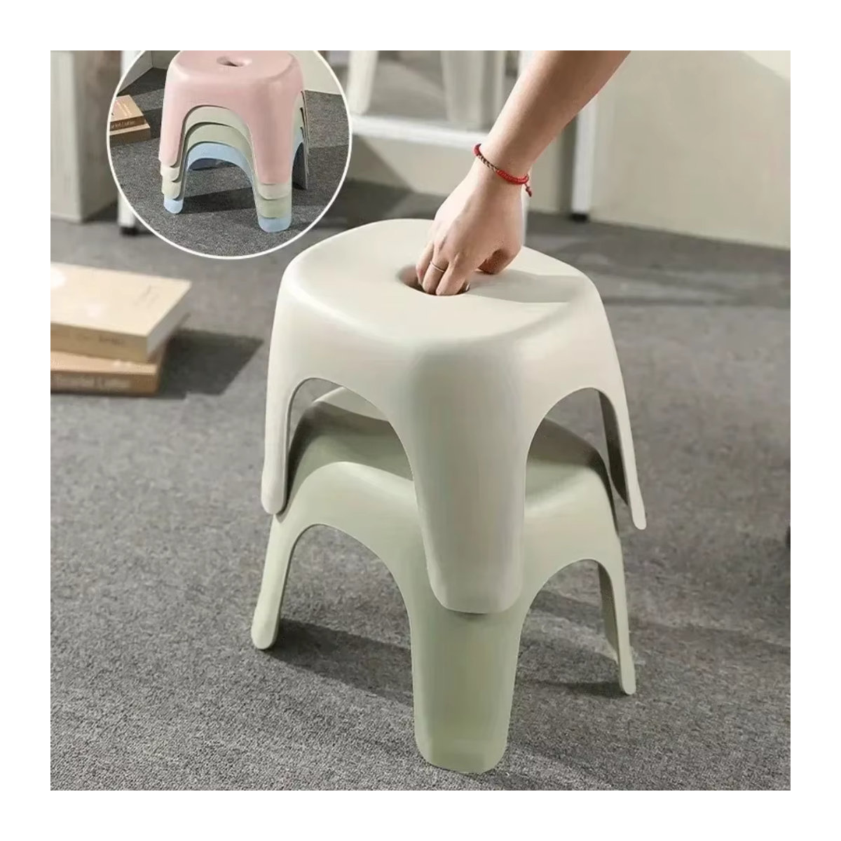 Stapelbarer Kunststoffhocker von LIUSHADUOLA in Pink und Weiß, multifunktionaler und tragbarer Hocker für den Haushalt - Bild 3