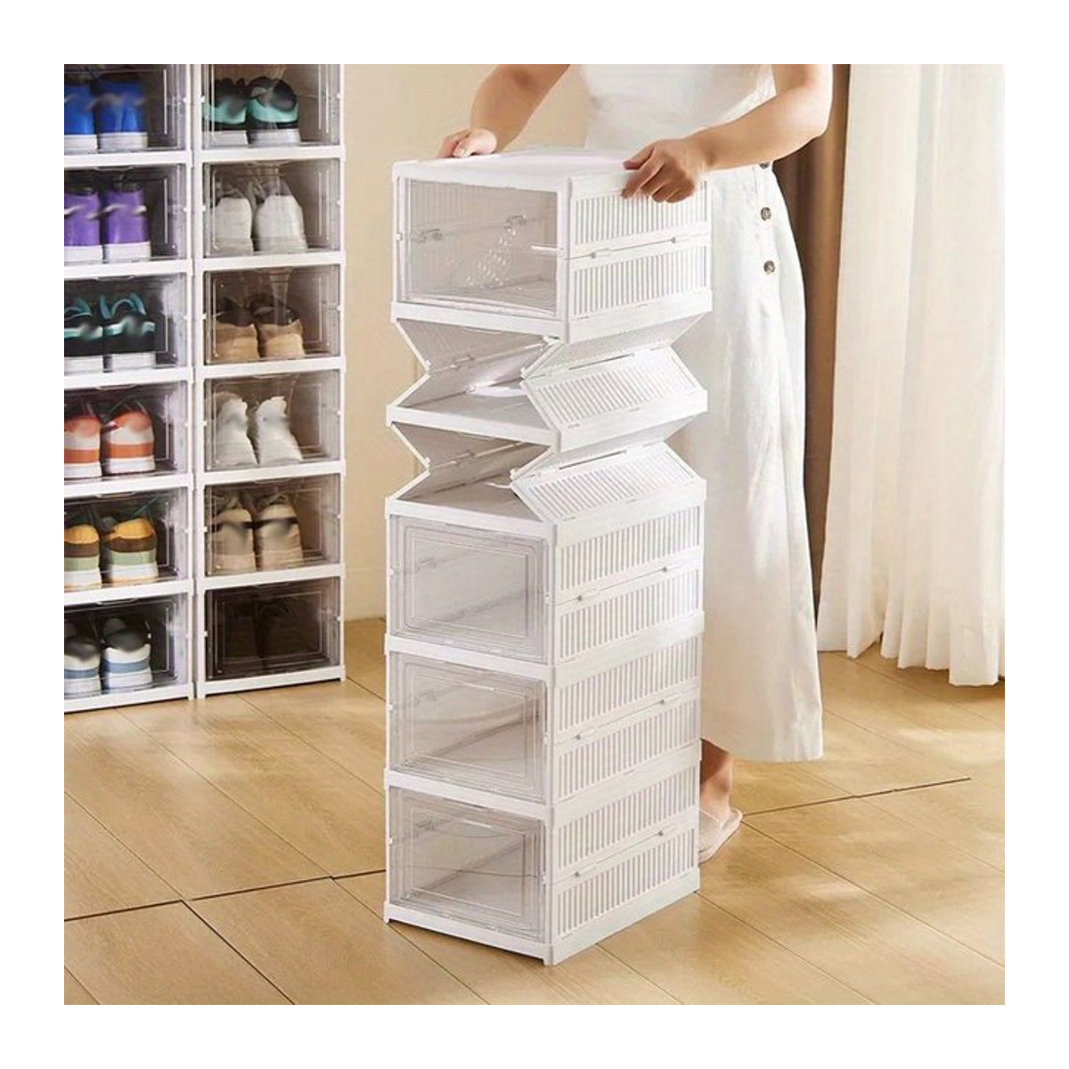 Stapelbarer Schuh-Organizer von LIUSHADUOLA aus Kunststoff mit Drehtüren in Grau oder Weiß - Bild 1