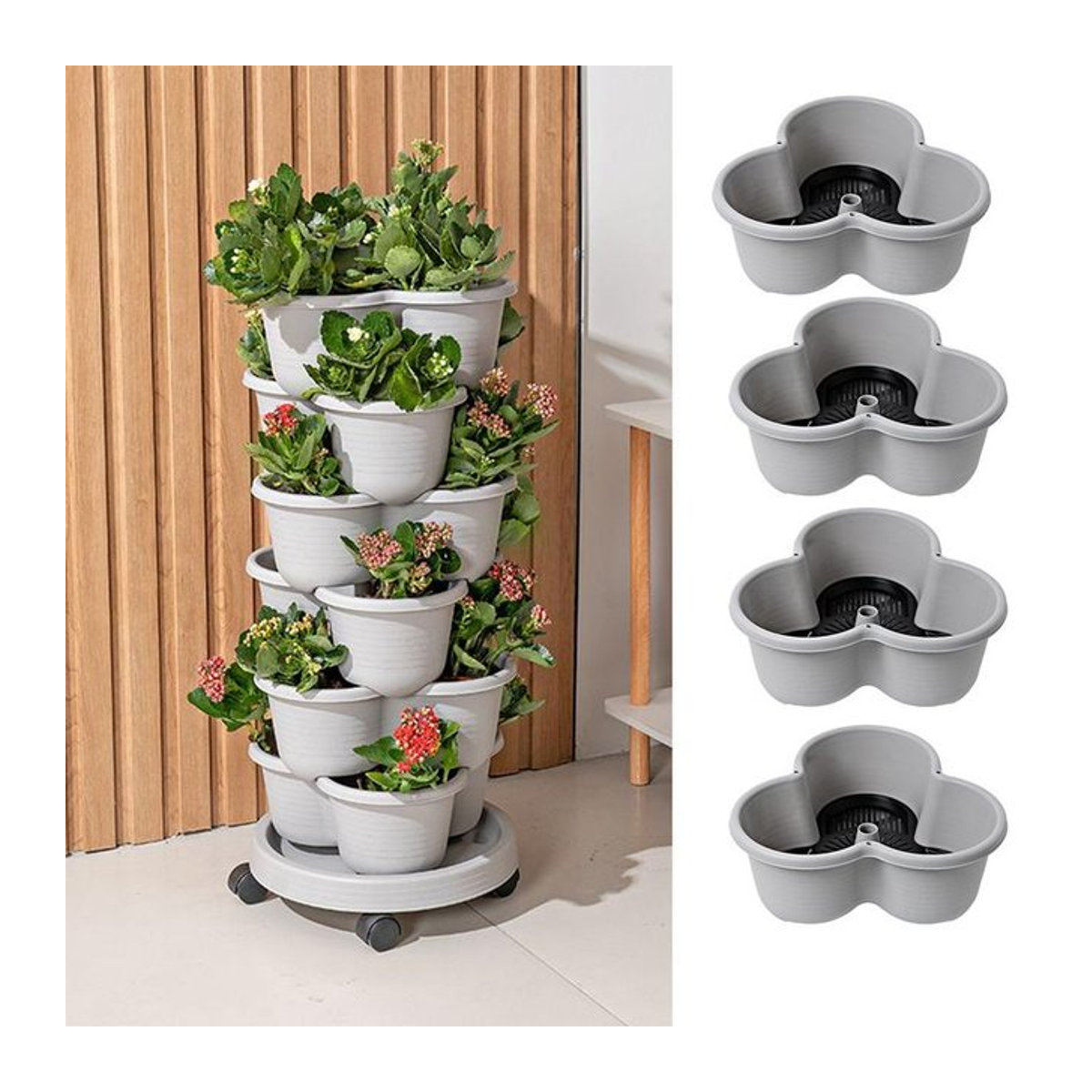Stapelbarer vertikaler Blumentopf aus Kunststoff mit Rollen als mehrschichtiger Pflanzturm für Erdbeeren und Gemüse - Bild 1