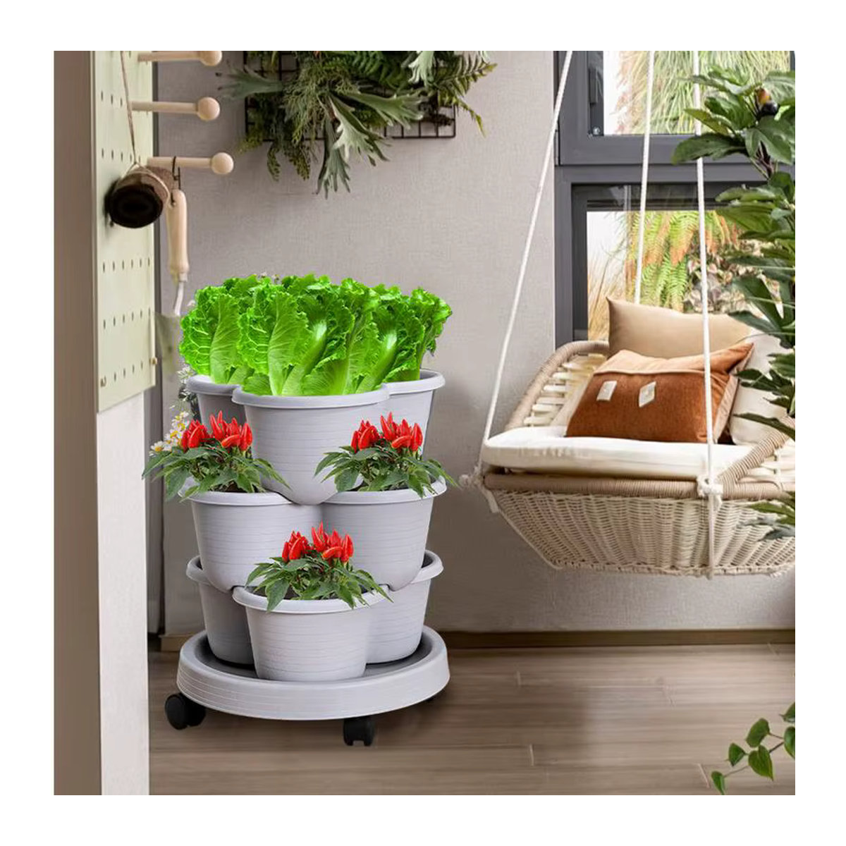 Stapelbarer vertikaler Blumentopf aus Kunststoff mit Rollen als mehrschichtiger Pflanzturm für Erdbeeren und Gemüse - Bild 3