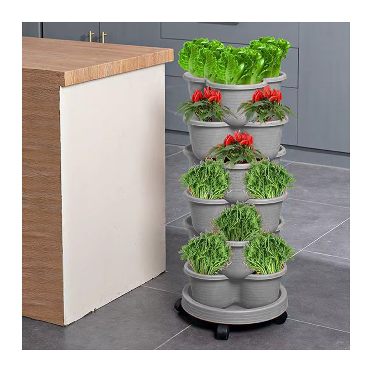Stapelbarer vertikaler Pflanzenturm mit beweglichem Untersetzer für Erdbeeren und Gemüse, 4-stufiger Blumentopf-Rahmen - Bild 4