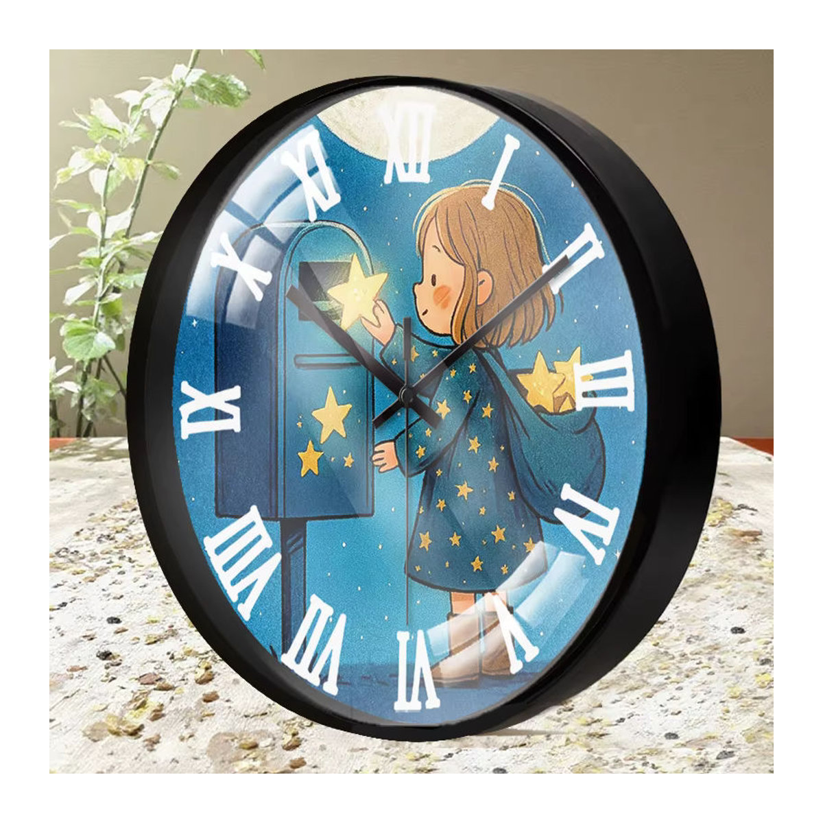 Star Mail Runde Wanduhr aus Kunststoff und Glas in Blau mit Cartoon-Design und geräuschlosem Analog-Uhrwerk zum Aufhängen - Bild 3