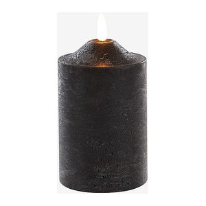 Star Trading LED Echtwachskerze Flamme in Schwarz, Stumpenkerze mit Timer und Flackereffekt, H: 15 cm, B: 7,5 cm, T: 7,5 cm