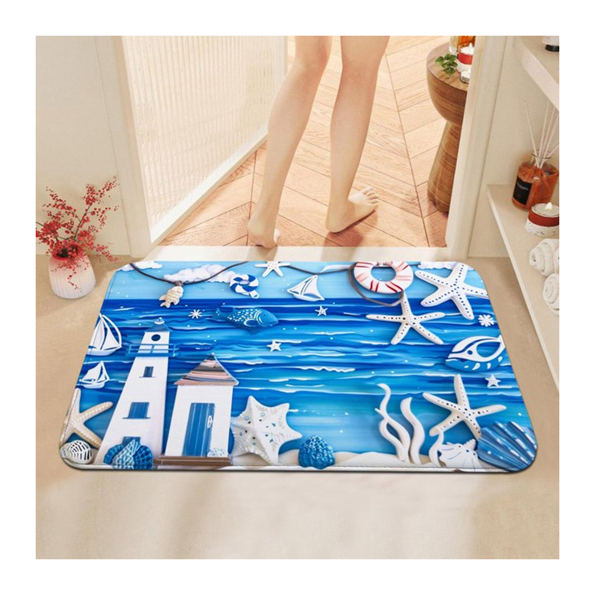 Starfish Shell Welcome Rutschfeste Fußmatte in Blau mit Küsten-Design und saugfähigem HD-Druck - Bild 1