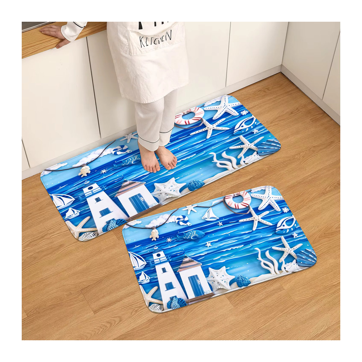 Starfish Shell Welcome Rutschfeste Fußmatte in Blau mit Küsten-Design und saugfähigem HD-Druck - Bild 3
