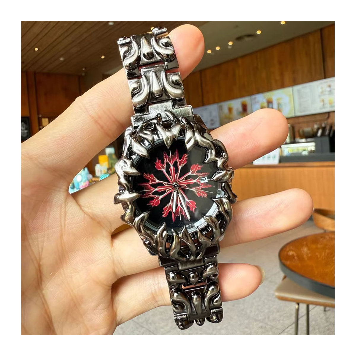 STARPERISH Herrenarmbanduhr mit Quarzwerk im abstrakten Raum-Zeit-Riss Design in Rot und Schwarz aus Stein und Metall - Bild 2