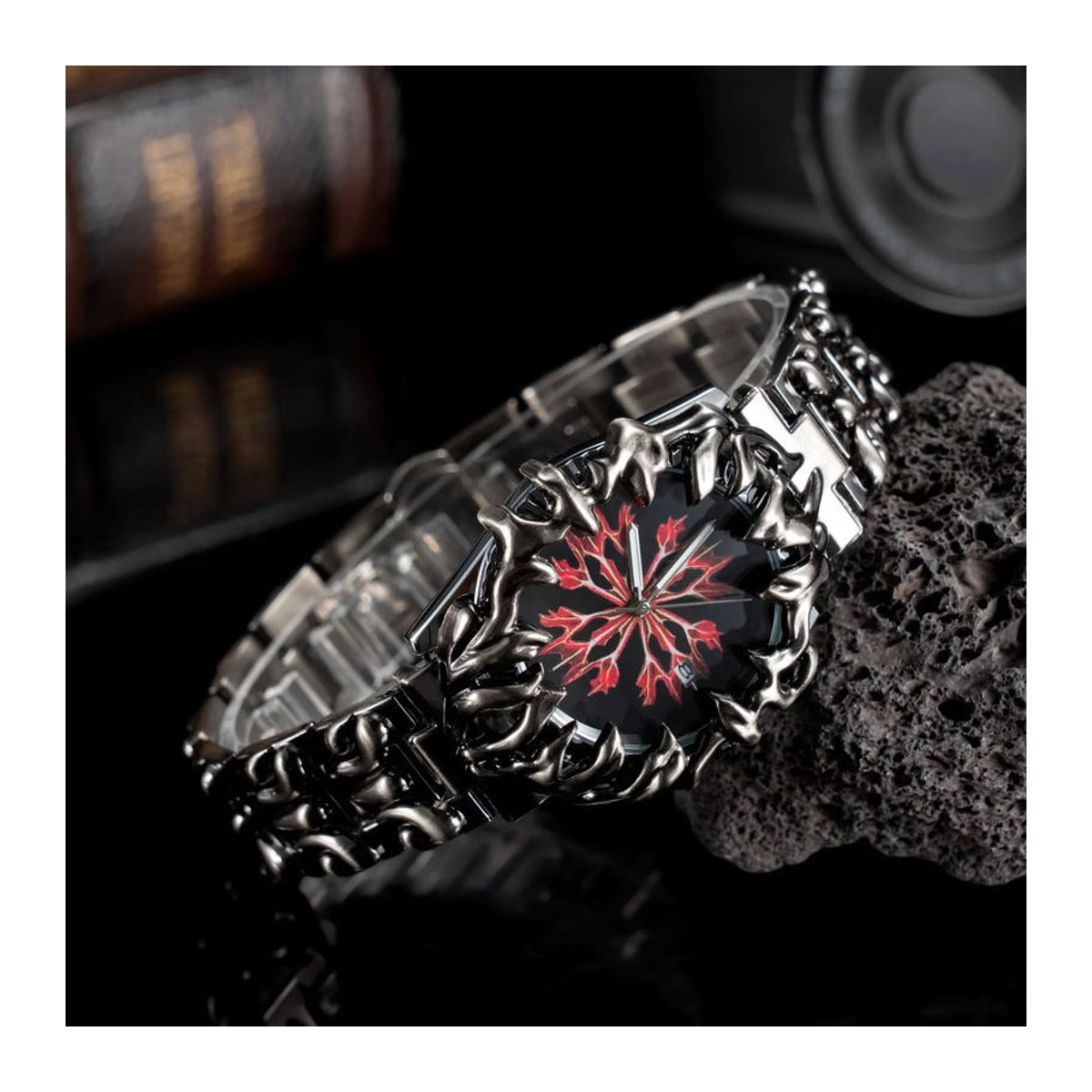 STARPERISH Herrenarmbanduhr mit Quarzwerk im abstrakten Raum-Zeit-Riss Design in Rot und Schwarz aus Stein und Metall - Bild 3
