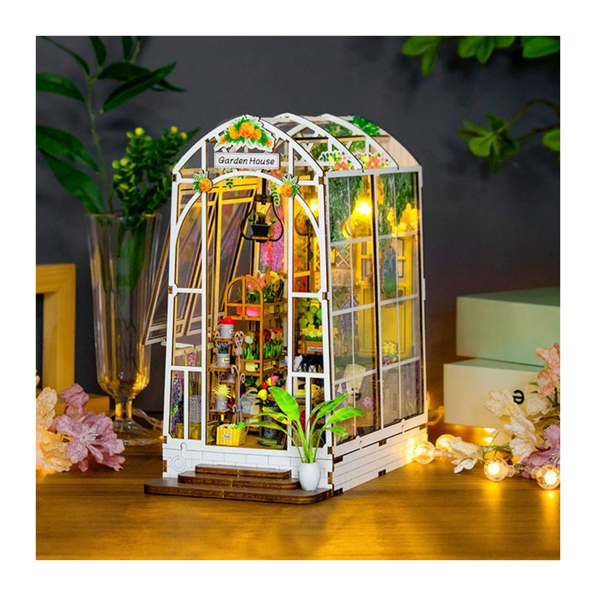 StartCabin DIY Gartenhaus Buch Nook Regal Einsatz mit LED und Blumen im Landhausstil aus Holz, Farbe: Weiß - Bild 1