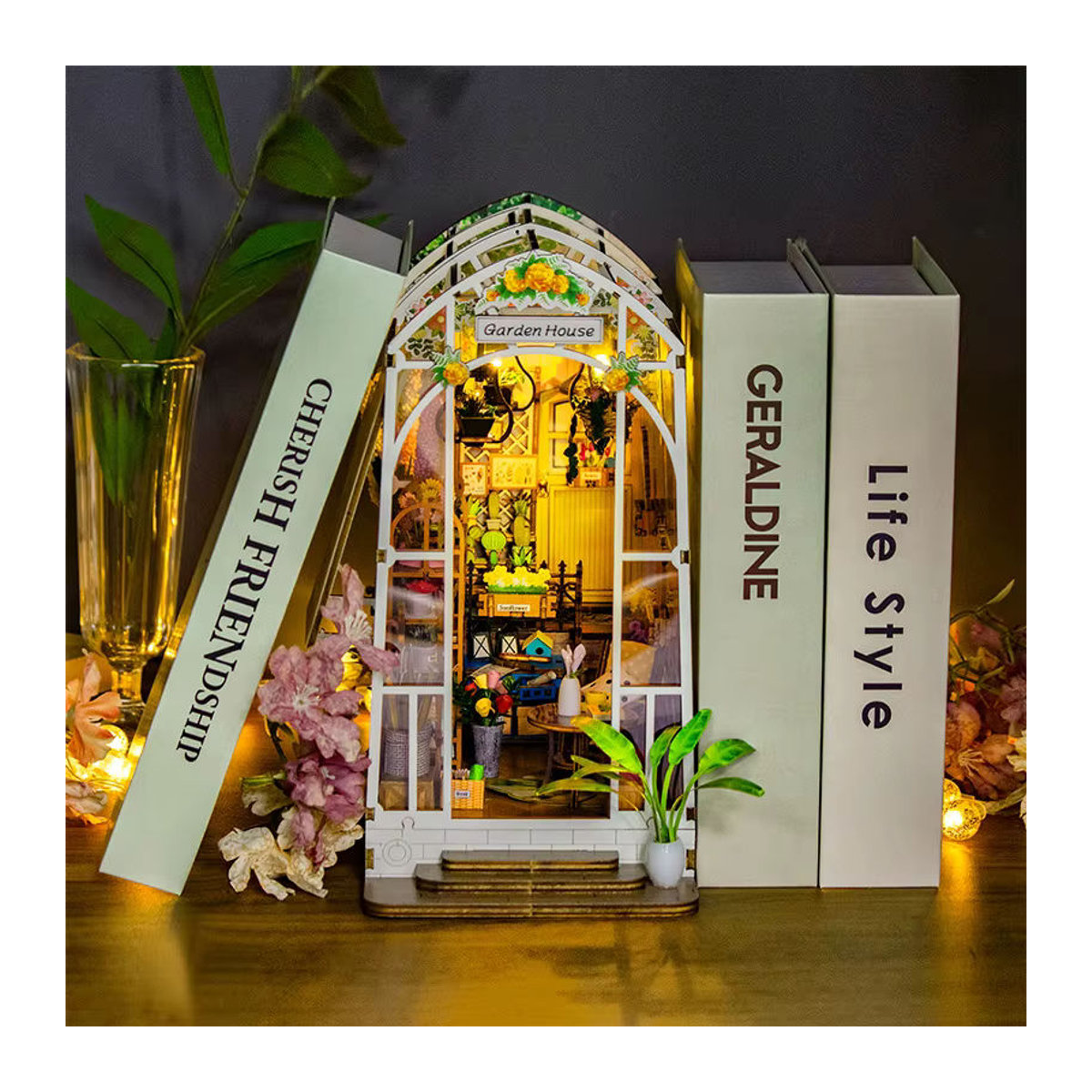 StartCabin DIY Gartenhaus Buch Nook Regal Einsatz mit LED und Blumen im Landhausstil aus Holz, Farbe: Weiß - Bild 2