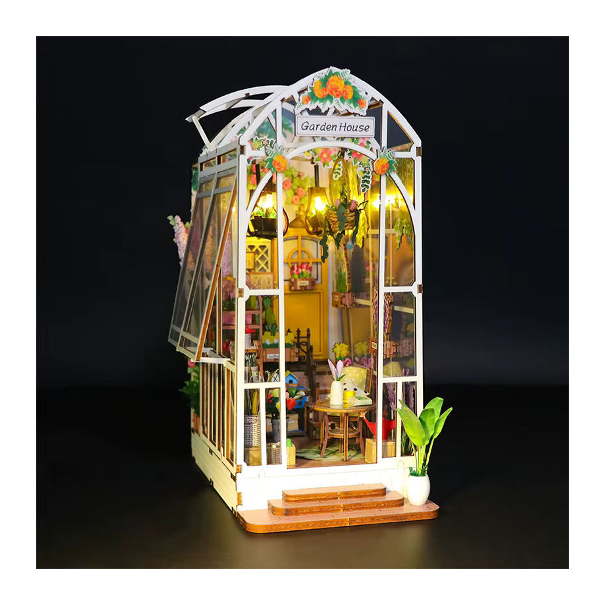 StartCabin DIY Gartenhaus Buch Nook Regal Einsatz mit LED und Blumen im Landhausstil aus Holz, Farbe: Weiß - Bild 4