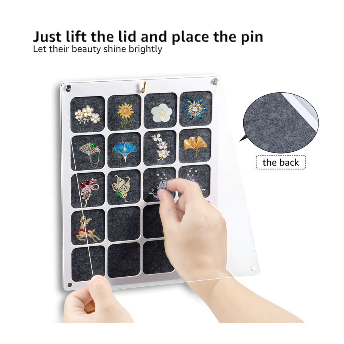 Staubdichte Filz-Vitrine für Ansteckpins und Schmuck, weiß, rechteckig und minimalistisch, Tischdisplay für Sammlungen - Bild 3