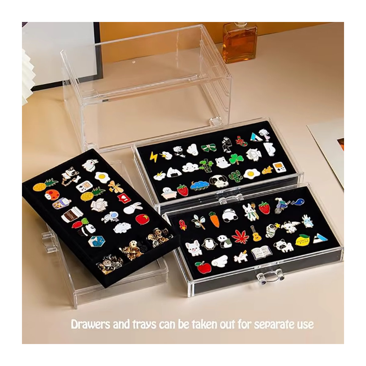 Staubdichte Pin-Display-Box aus Kunststoff mit 3 Schubladen und transparentem Deckel in Rechteckform - Bild 2