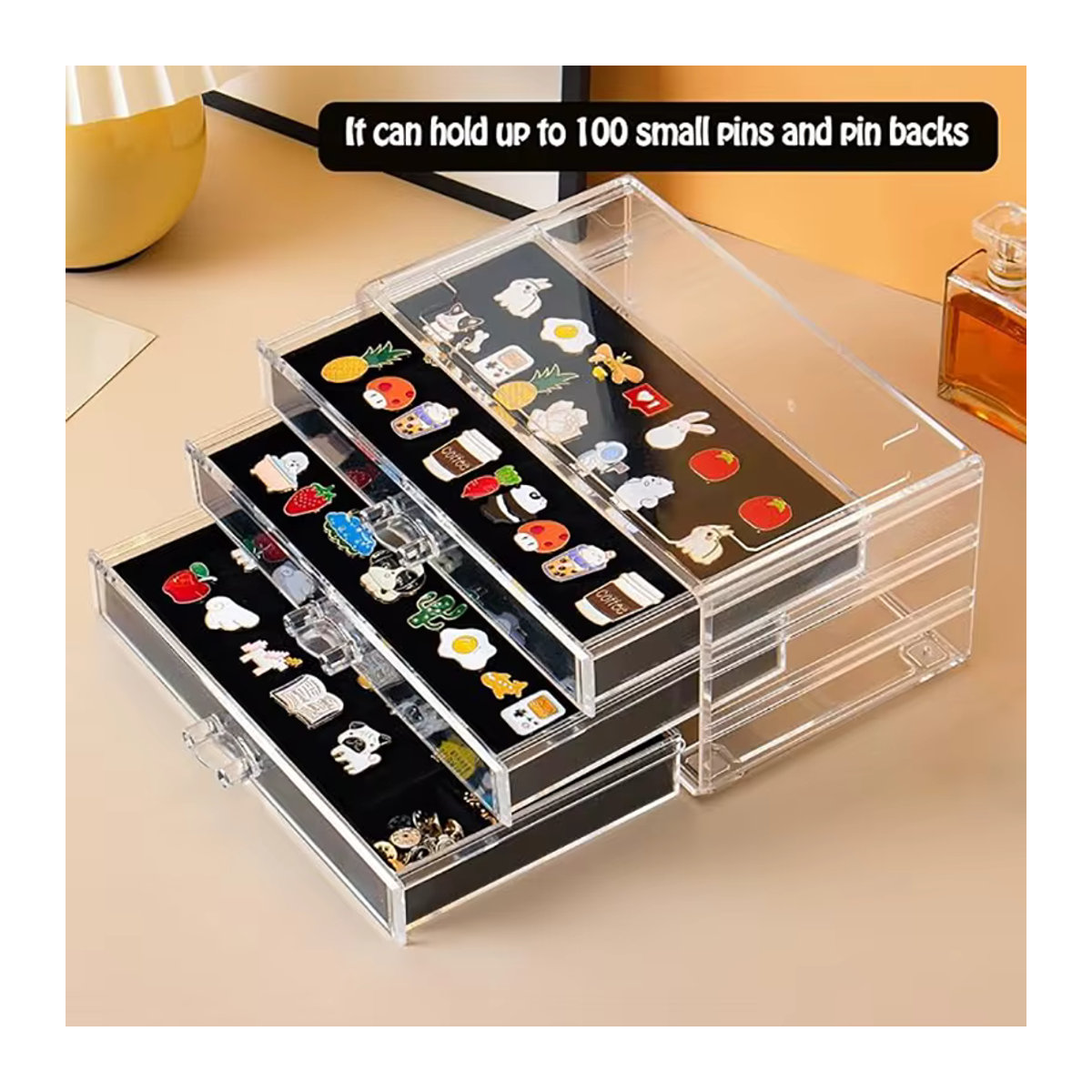 Staubdichte Pin-Display-Box aus Kunststoff mit 3 Schubladen und transparentem Deckel in Rechteckform - Bild 3