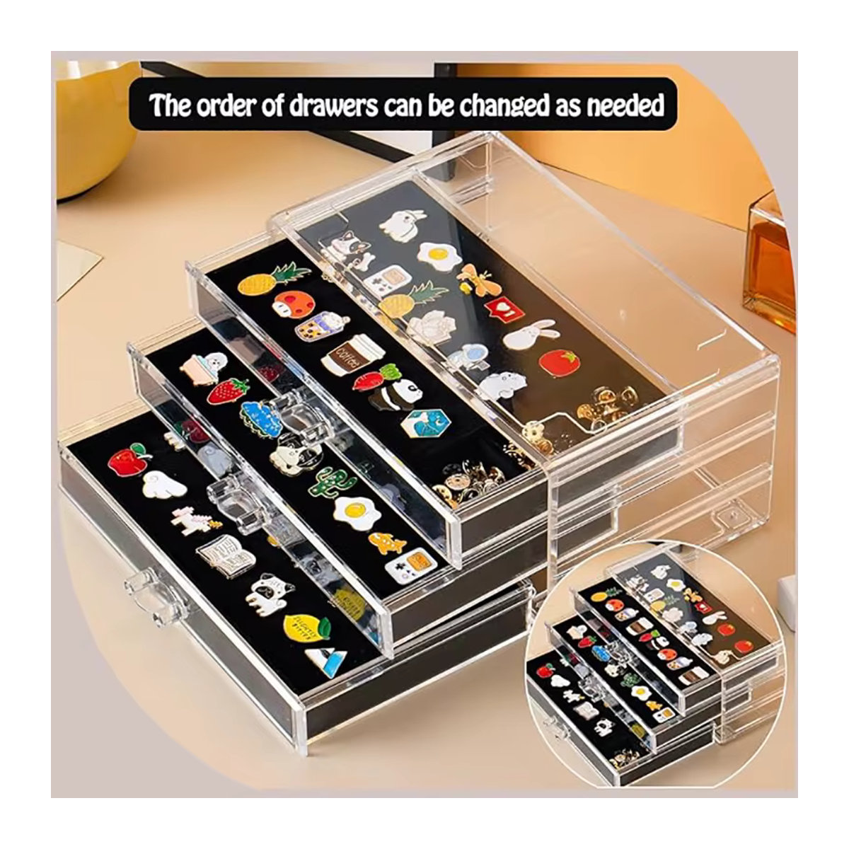 Staubdichte Pin-Display-Box aus Kunststoff mit 3 Schubladen und transparentem Deckel in Rechteckform - Bild 4