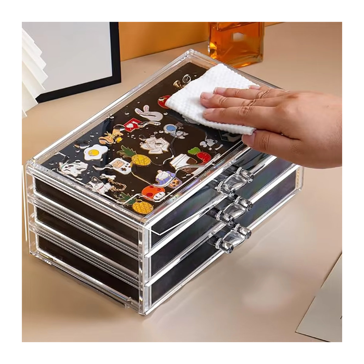Staubdichte Pin-Display-Box aus Kunststoff mit 3 Schubladen und transparentem Deckel in Rechteckform - Bild 5