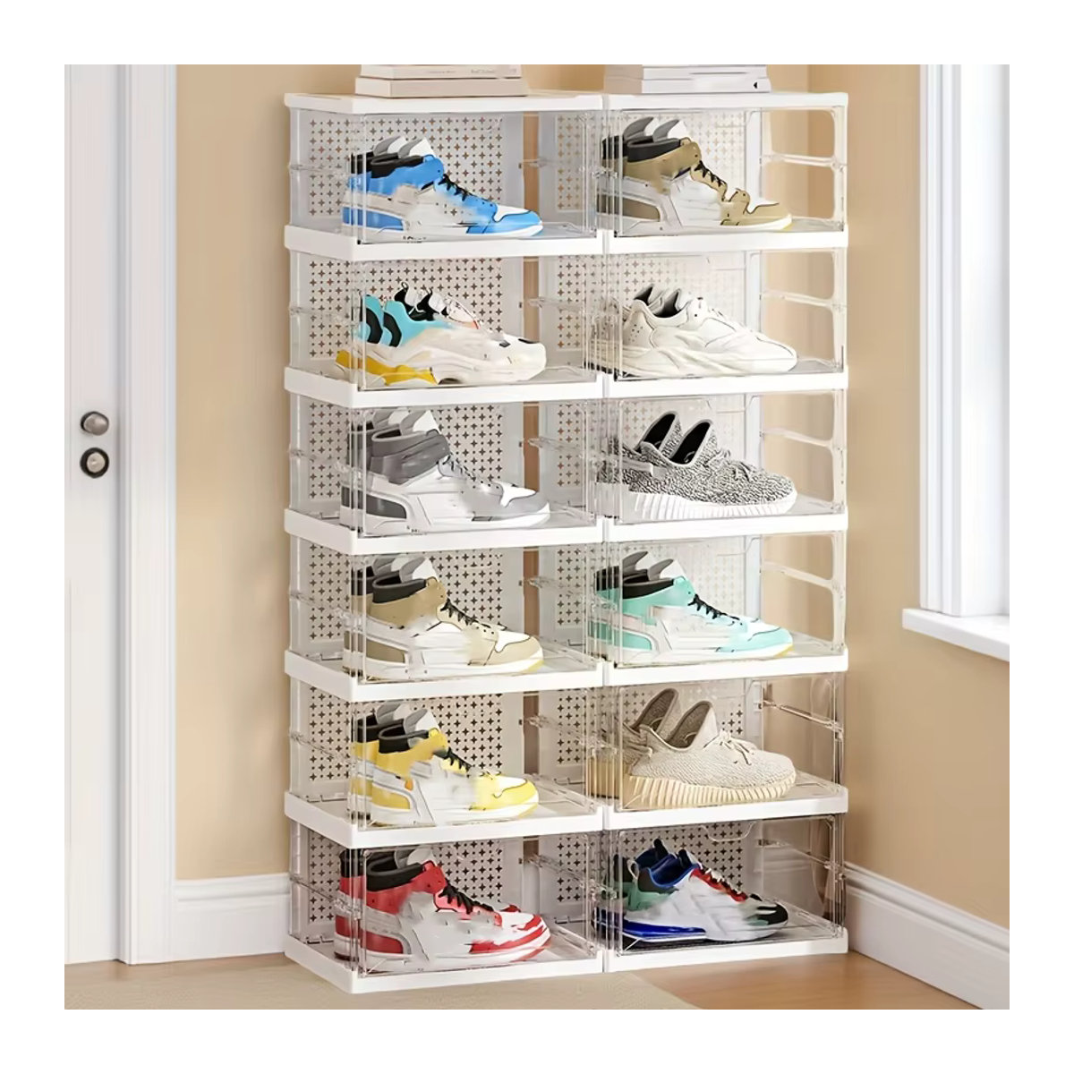Staubdichter Schuhschrank in Weiß, faltbares und mehrschichtiges Schuhregal im minimalistischen Design zur Aufbewahrung von Schuhkartons - Bild 5