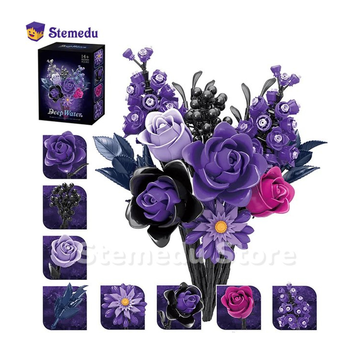 Stemedu Bausteine Set Lila Rose Gothic Bouquet mit 822 Teilen als künstliche Blumen Dekoration - Bild 1