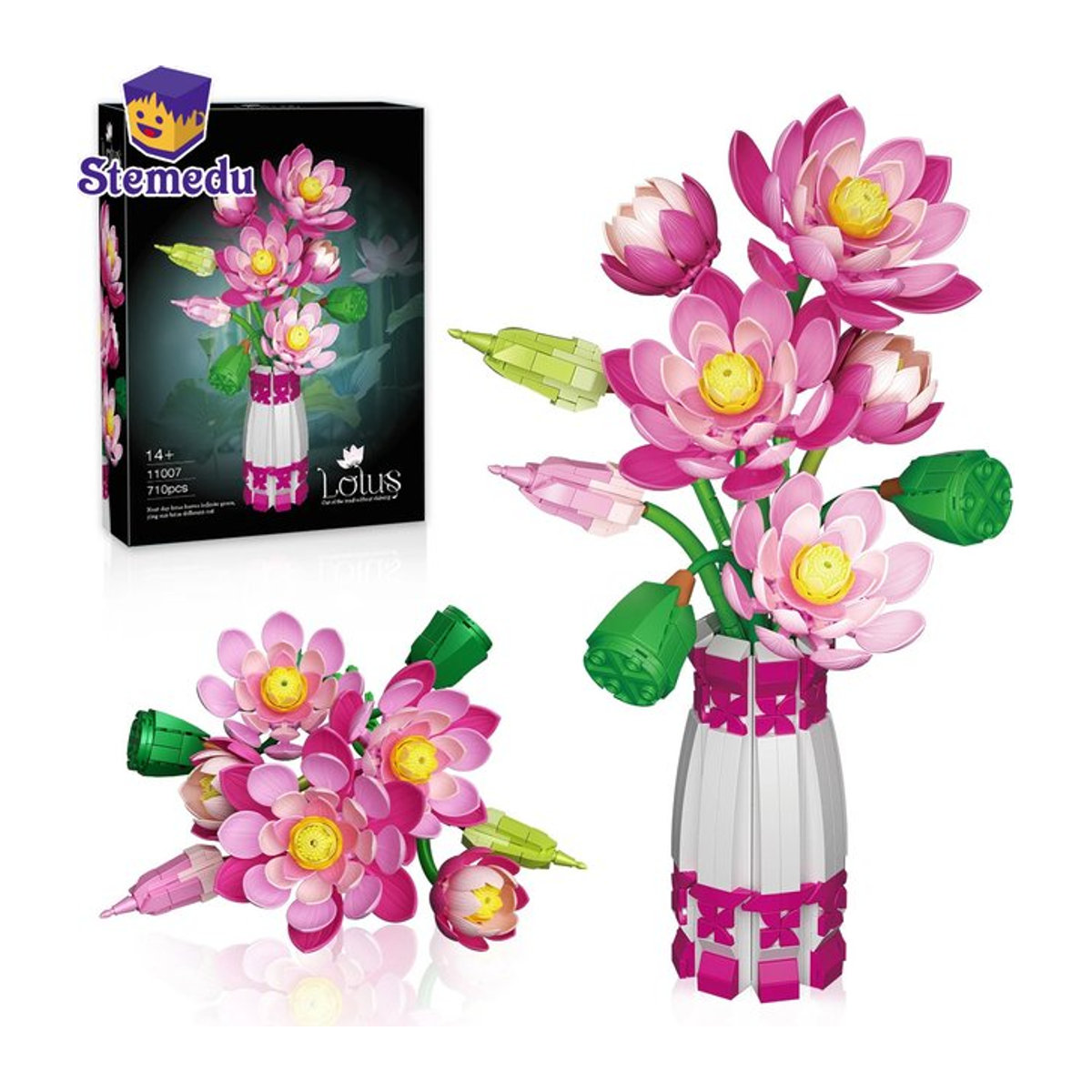 Stemedu Lotusblumen-Baukasten mit Vase, 710-teiliges DIY-Blumenstrauß-Modell aus Kunststoff, mehrfarbiges Dekobaulement für Kinder und Erwachsene - Bild 1