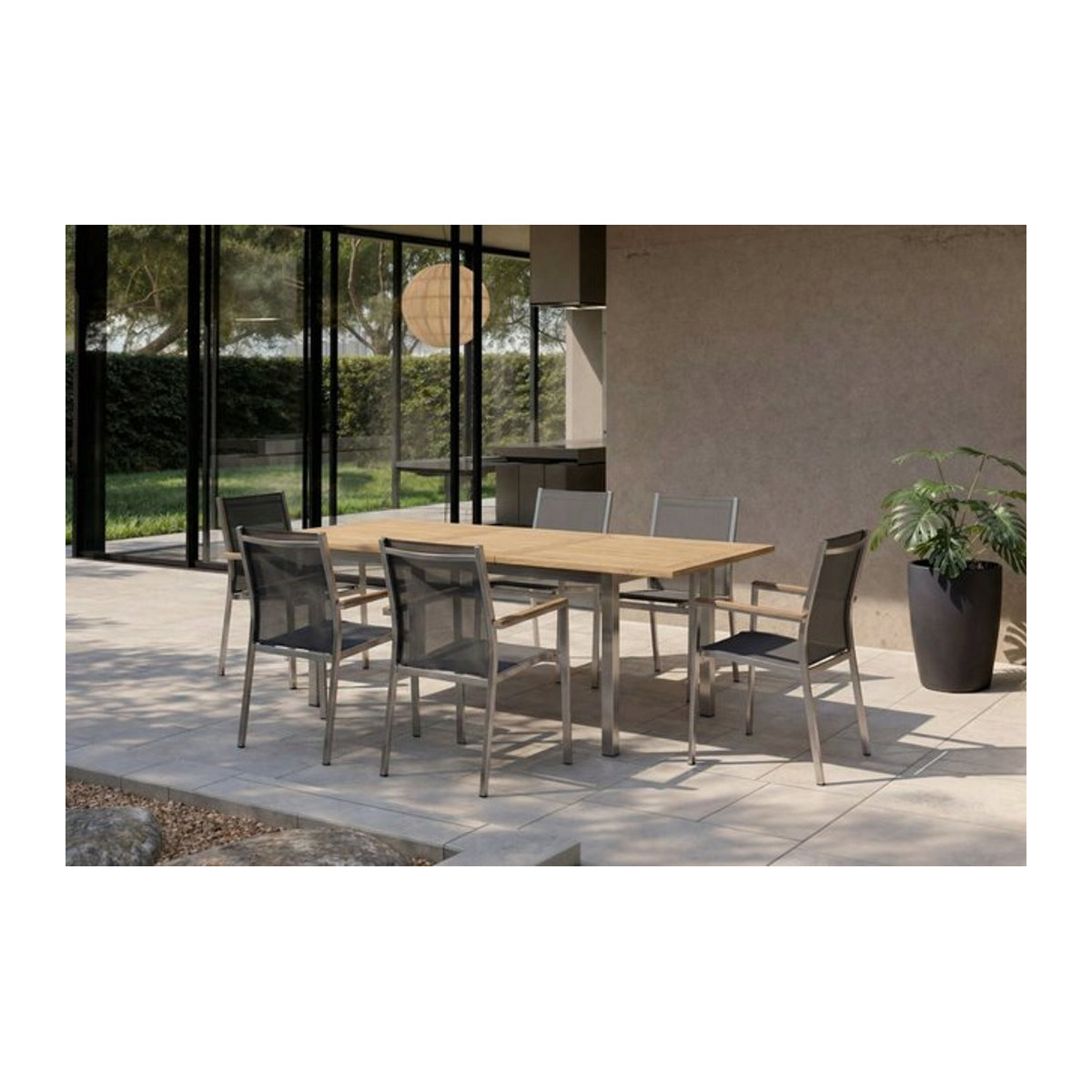 Stern Cardiff Garten-Essgruppe aus Edelstahl, Teak und Textil in Silber/Silbergrau mit Butterfly-Auszug und 6 Stapelsesseln, B/T: 160/220 x 90 cm - Bild 1