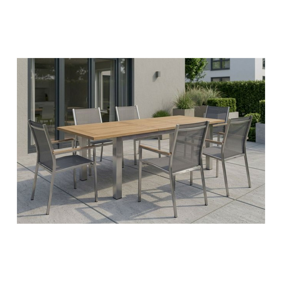 Stern Cardiff Garten-Essgruppe aus Edelstahl und recyceltem Teak in Silber/Silbergrau mit Tisch und 6 Stapelsesseln - Bild 1