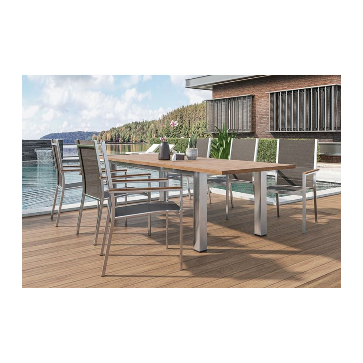 Stern Cardiff Garten-Essgruppe aus Edelstahl und recyceltem Teak in Silber/Taupe mit Tisch und 6 Stapelsesseln - Bild 1