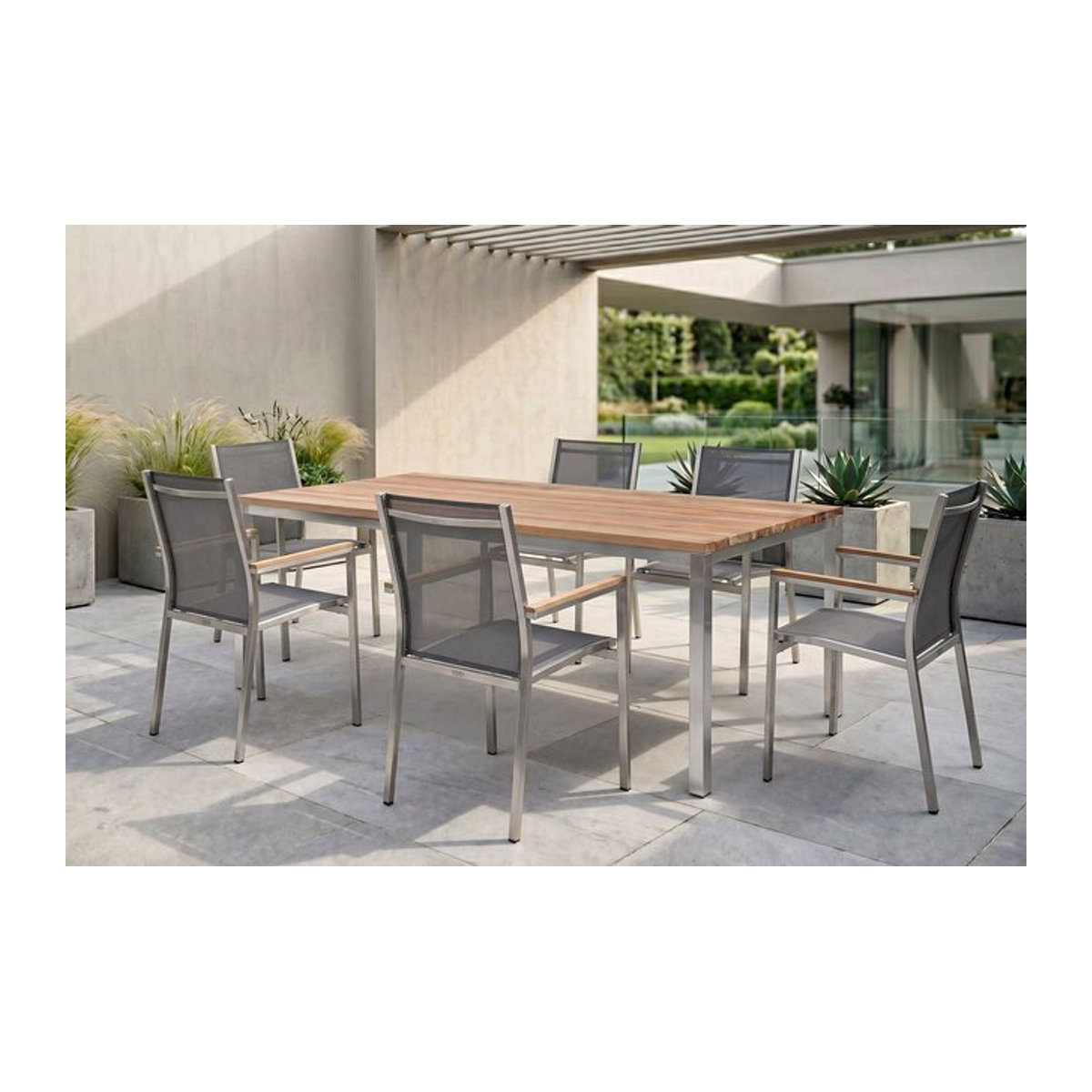 Stern Cardiff Garten-Essgruppe aus Edelstahl und Teak in Silber/Silbergrau mit Tisch und 6 Stapelsesseln, Tisch Breite: 200 cm, Tiefe: 100 cm - Bild 1