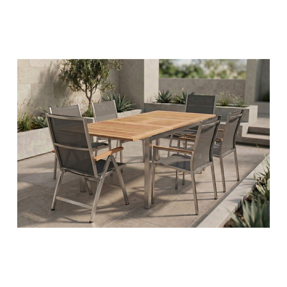 Stern Cardiff Garten-Essgruppe aus Edelstahl und Teak in Silber/Silbergrau mit Tisch und 6 Stühlen - Bild 1