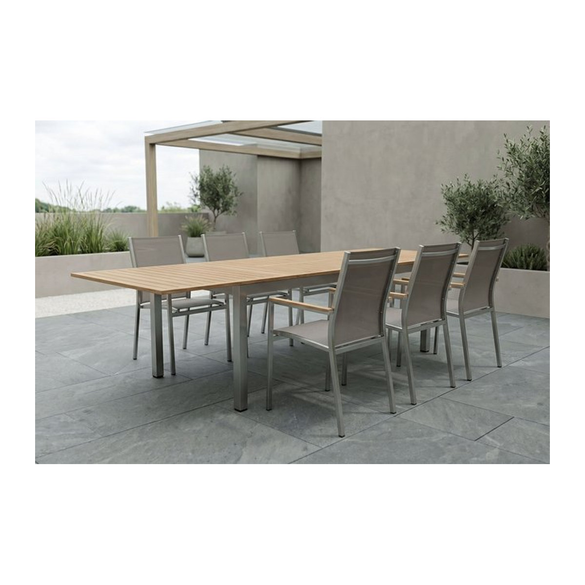 Stern Cardiff Garten-Essgruppe aus Edelstahl und Teak in Silber und Taupe mit 6 Stapelsesseln - Bild 1