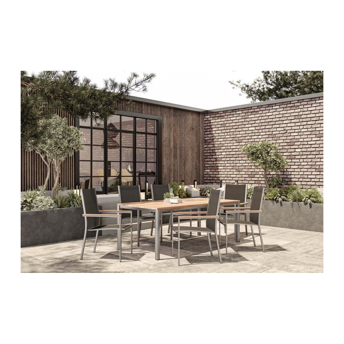 Stern Cardiff Garten-Essgruppe aus Edelstahl und Teak in Silber und Taupe mit Tisch und 6 Stapelsesseln, Tisch Breite: 200 cm, Tiefe: 100 cm - Bild 1