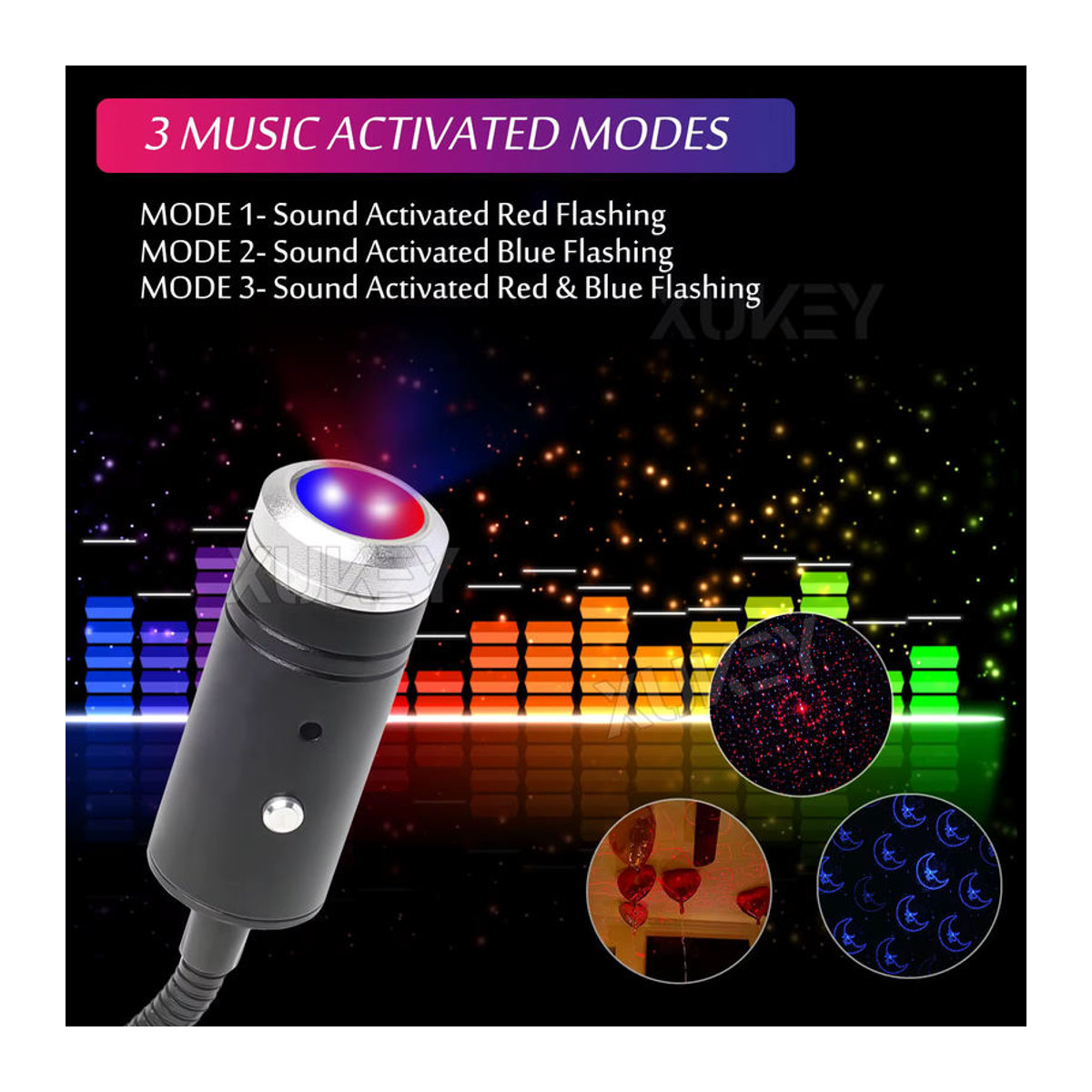 Stern Nachtlicht mit USB-Anschluss und Sound-Aktivierung in Blau und Rot für Auto, Schlafzimmer und Party-Atmosphäre - Bild 4