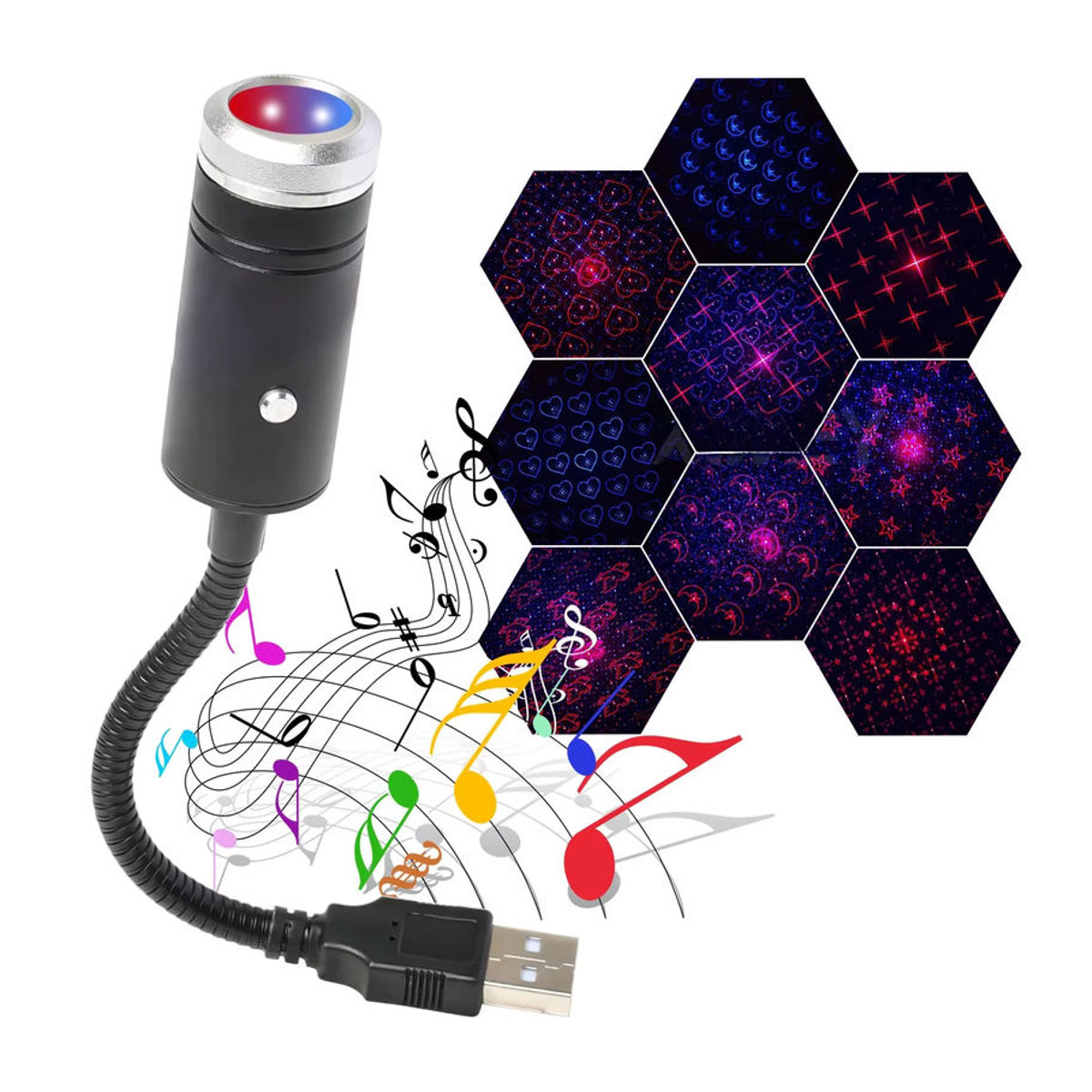Stern Nachtlicht mit USB-Anschluss und Sound-Aktivierung in Blau und Rot für Auto, Schlafzimmer und Party-Atmosphäre - Bild 7