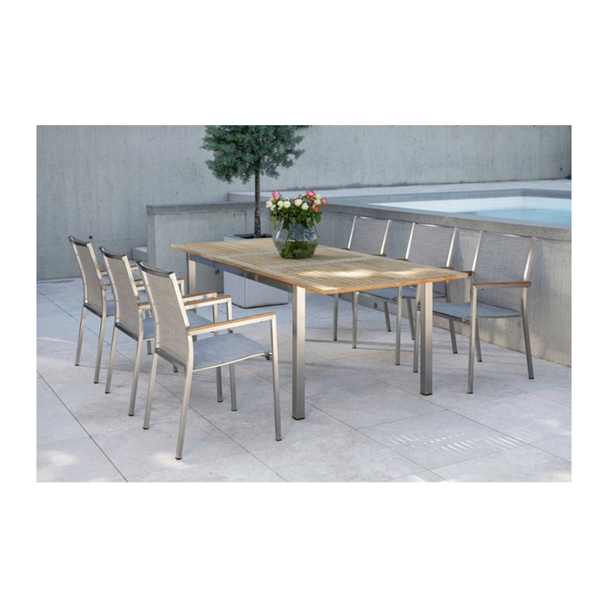 Stern Polaris Garten-Essgruppe aus Teak und Edelstahl in Kaschmir, ausziehbar für 6 Personen, Tisch B: 162 cm bis 220 cm, T: 90 cm - Bild 1