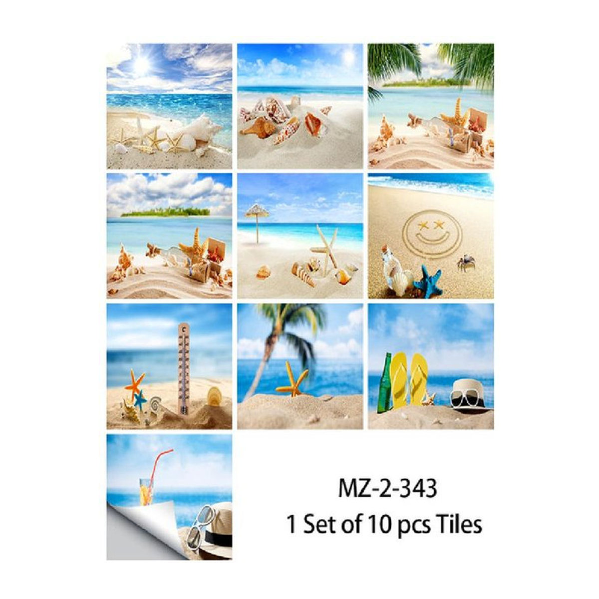 Sticker House Wandtattoos Strandlandschaft mit Muschelfliesen, 10 Stück selbstklebende wasserdichte Kunsttapete in Mehrfarbig, quadratisch - Bild 1