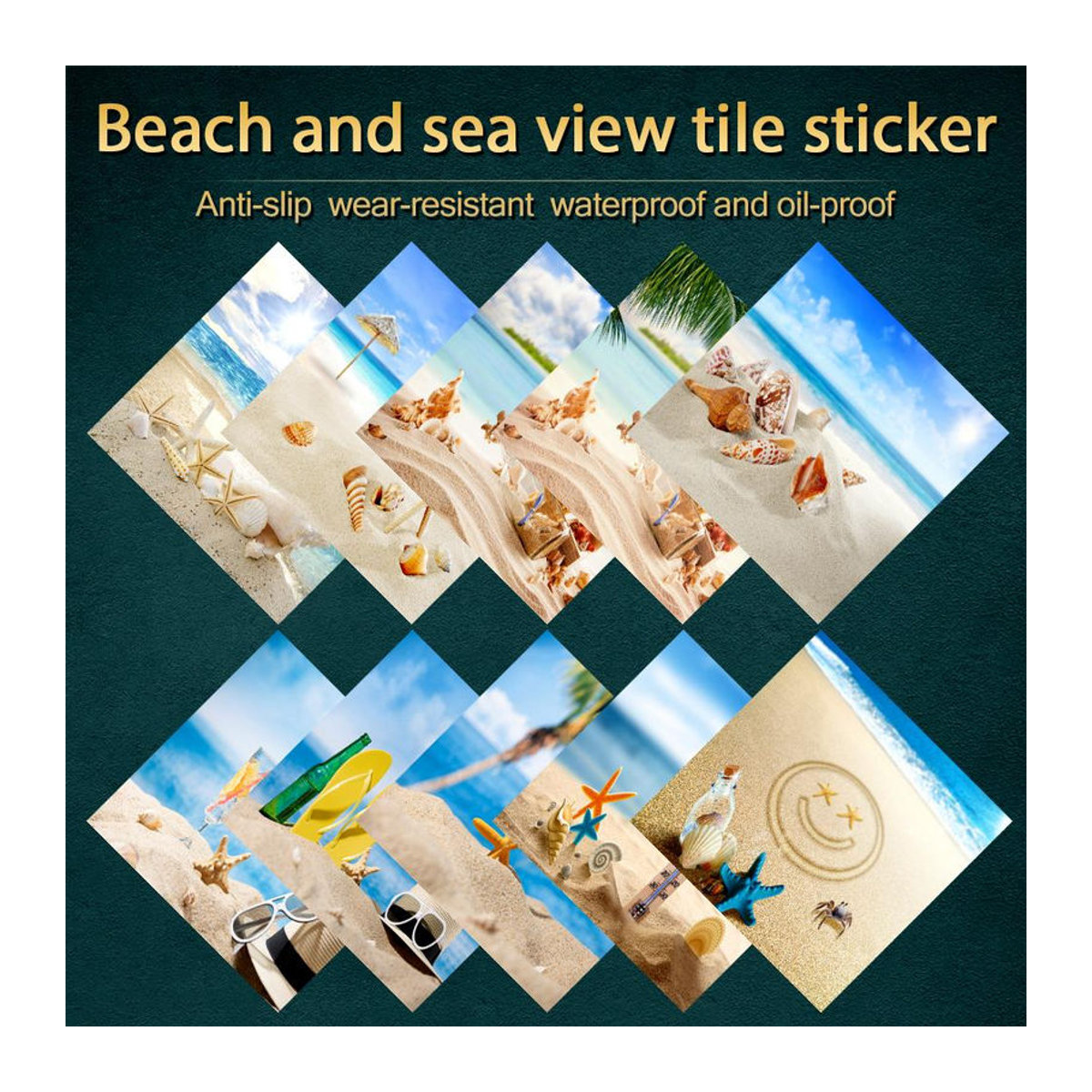 Sticker House Wandtattoos Strandlandschaft mit Muschelfliesen, 10 Stück selbstklebende wasserdichte Kunsttapete in Mehrfarbig, quadratisch - Bild 3