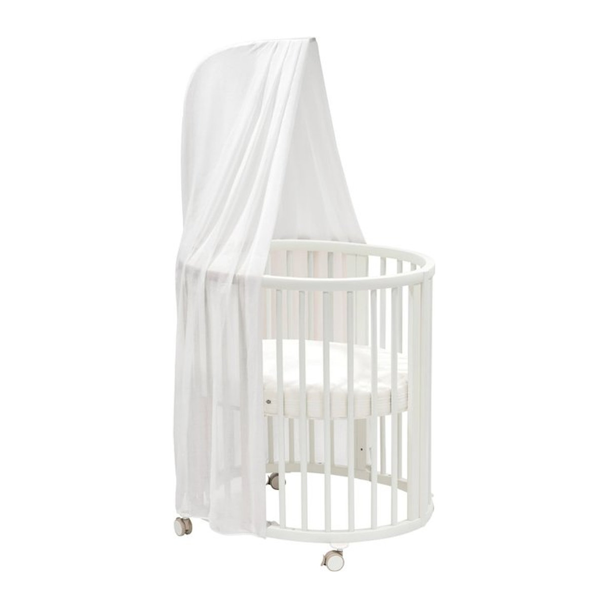 Stokke Sleepi Mini Babybett Bundle in Buche Weiß inklusive Matratze, Spannbetttuch aus Baumwolle, Himmelstange und Himmel - Bild 1