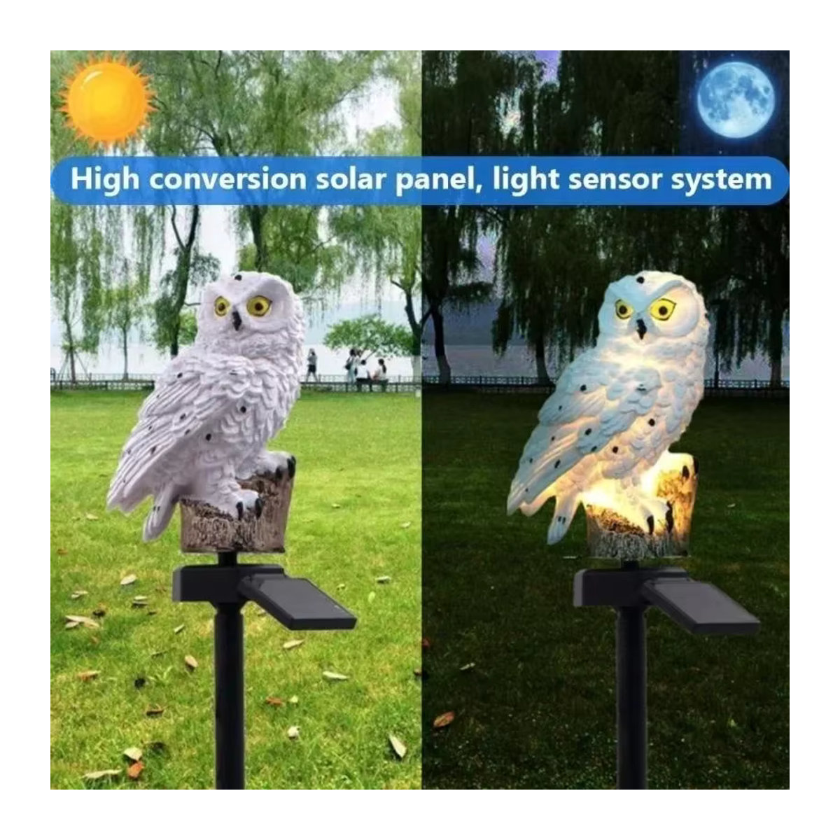 STONEGO Solarbetriebene LED-Eulen-Gartenleuchten aus Kunstharz in Weiß, Wasserdichte dekorative Solar-Wegeleuchte für Rasen und Hof - Bild 2