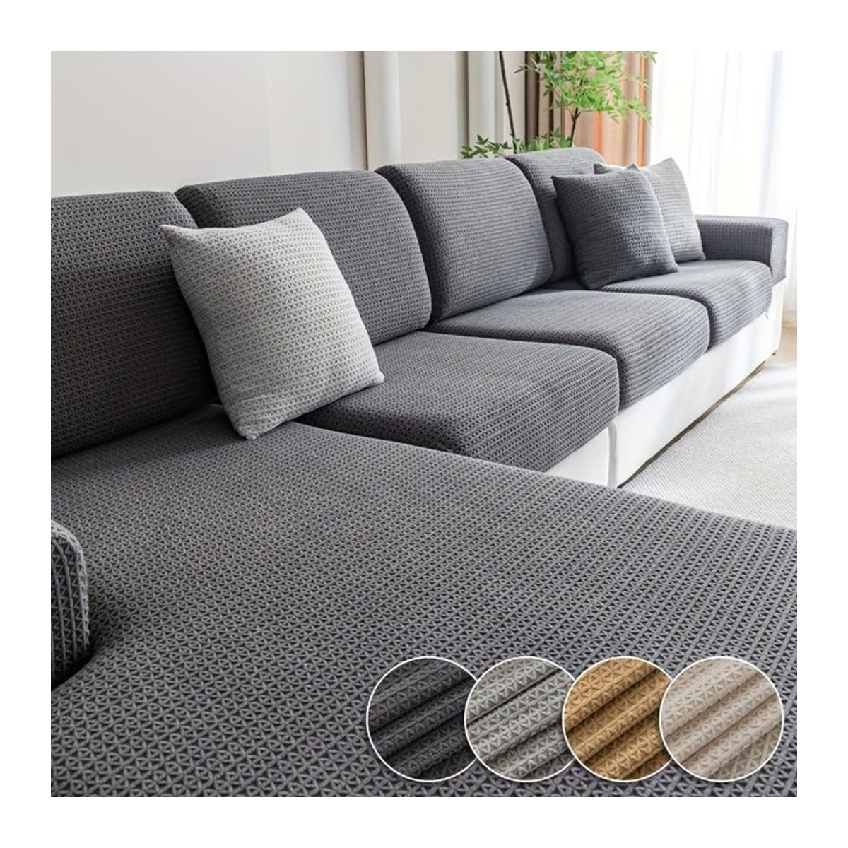 Stretch-Sofabezug als elastischer und rutschfester Couchschutz für L-förmige Sofas und alle Sitzsofas in Beige und Grau - Bild 1