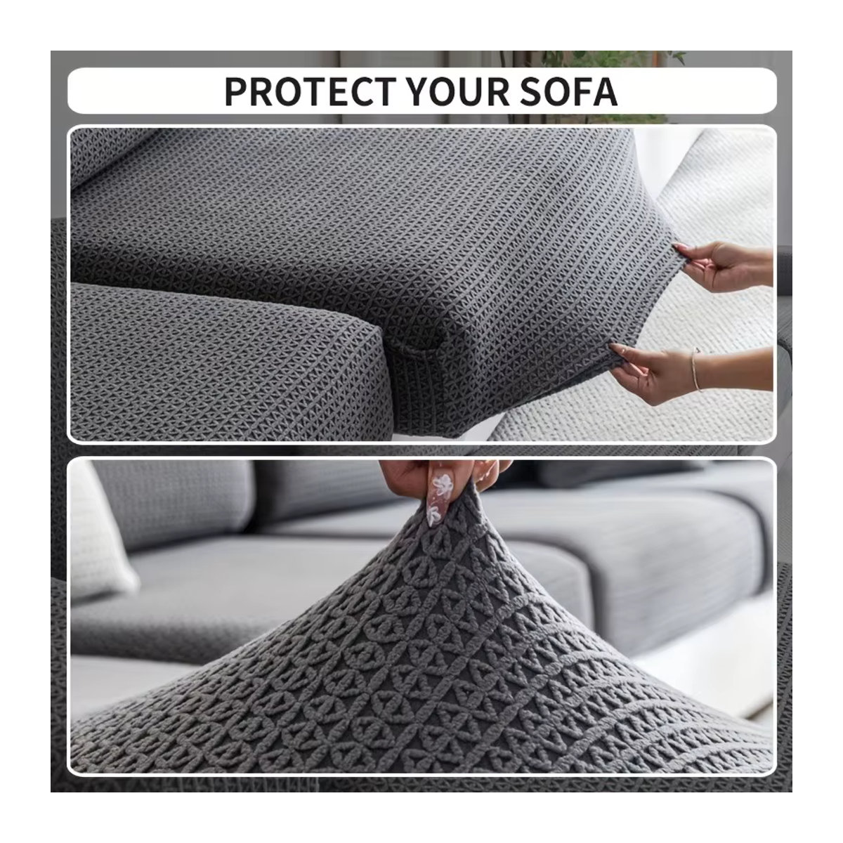 Stretch-Sofabezug als elastischer und rutschfester Couchschutz für L-förmige Sofas und alle Sitzsofas in Beige und Grau - Bild 3