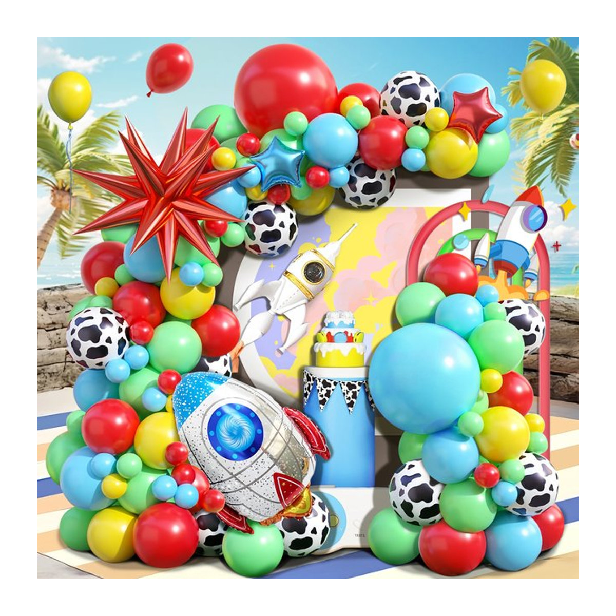 Suita 104-teiliges Ballon-Set mit Cartoon-Motiv und Sternraketen-Folienballon, mehrfarbig (rot, blau, gelb, grün) für Kindergeburtstage - Bild 1