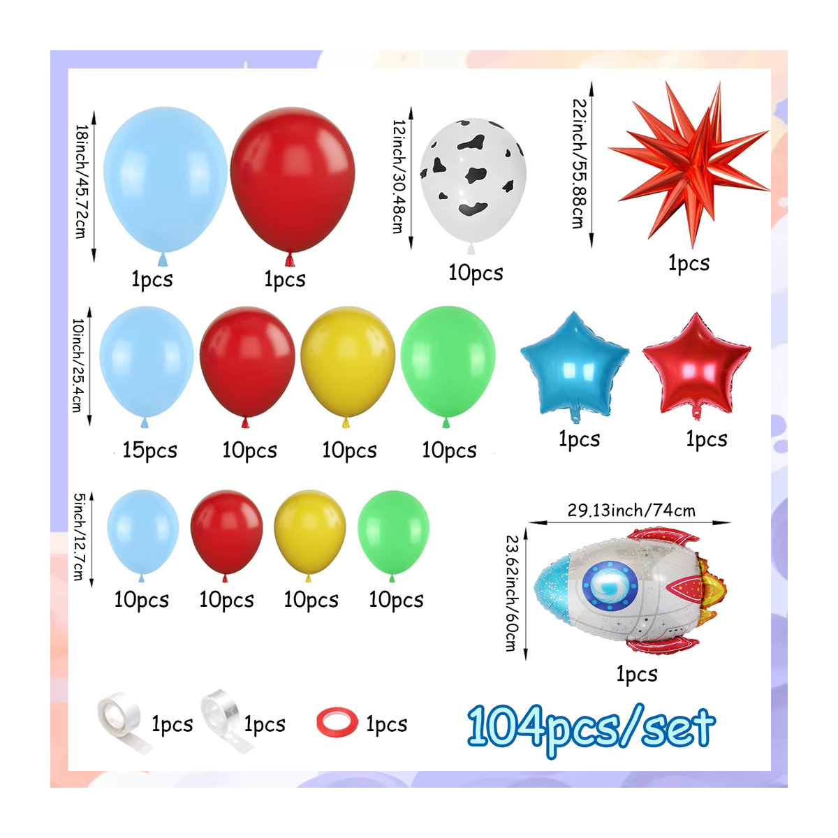 Suita 104-teiliges Ballon-Set mit Cartoon-Motiv und Sternraketen-Folienballon, mehrfarbig (rot, blau, gelb, grün) für Kindergeburtstage - Bild 2