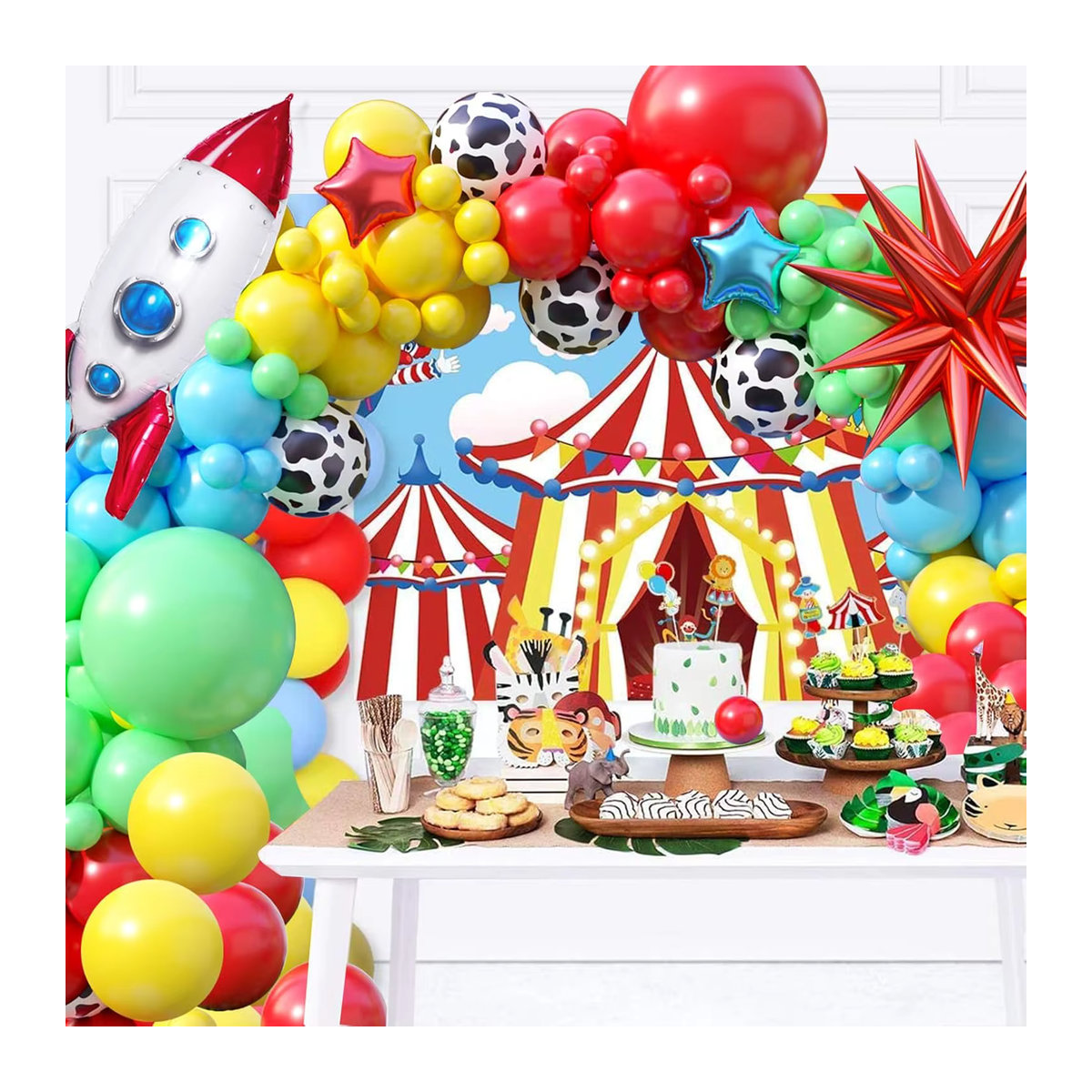 Suita 104-teiliges Ballon-Set mit Cartoon-Motiv und Sternraketen-Folienballon, mehrfarbig (rot, blau, gelb, grün) für Kindergeburtstage - Bild 3