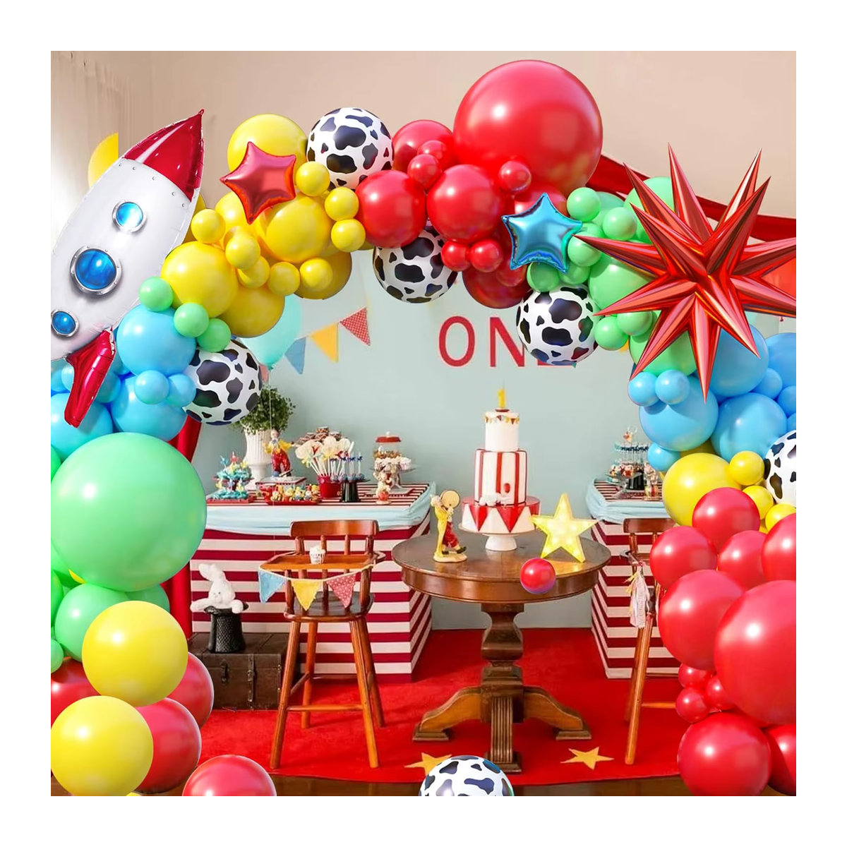 Suita 104-teiliges Ballon-Set mit Cartoon-Motiv und Sternraketen-Folienballon, mehrfarbig (rot, blau, gelb, grün) für Kindergeburtstage - Bild 4
