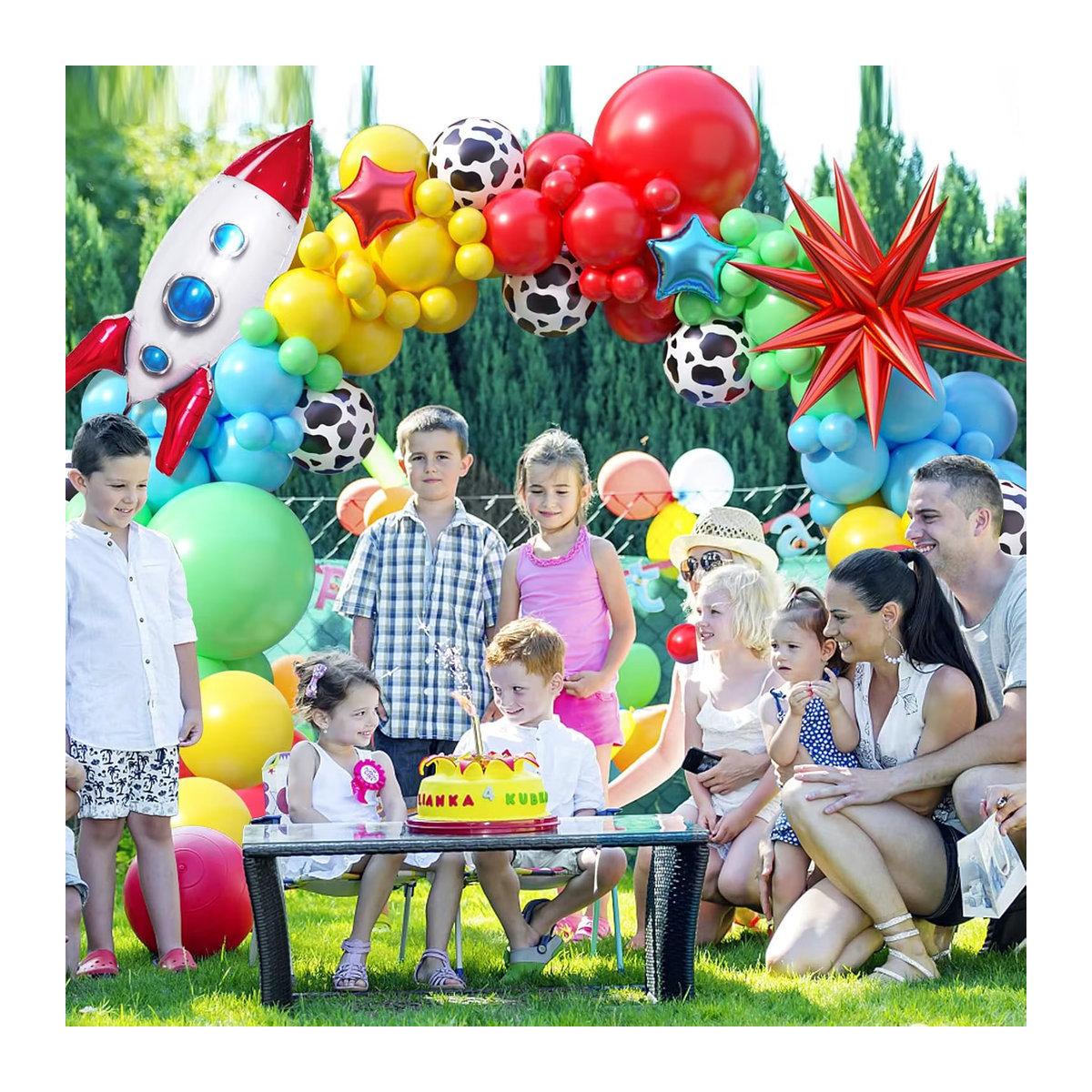 Suita 104-teiliges Ballon-Set mit Cartoon-Motiv und Sternraketen-Folienballon, mehrfarbig (rot, blau, gelb, grün) für Kindergeburtstage - Bild 5